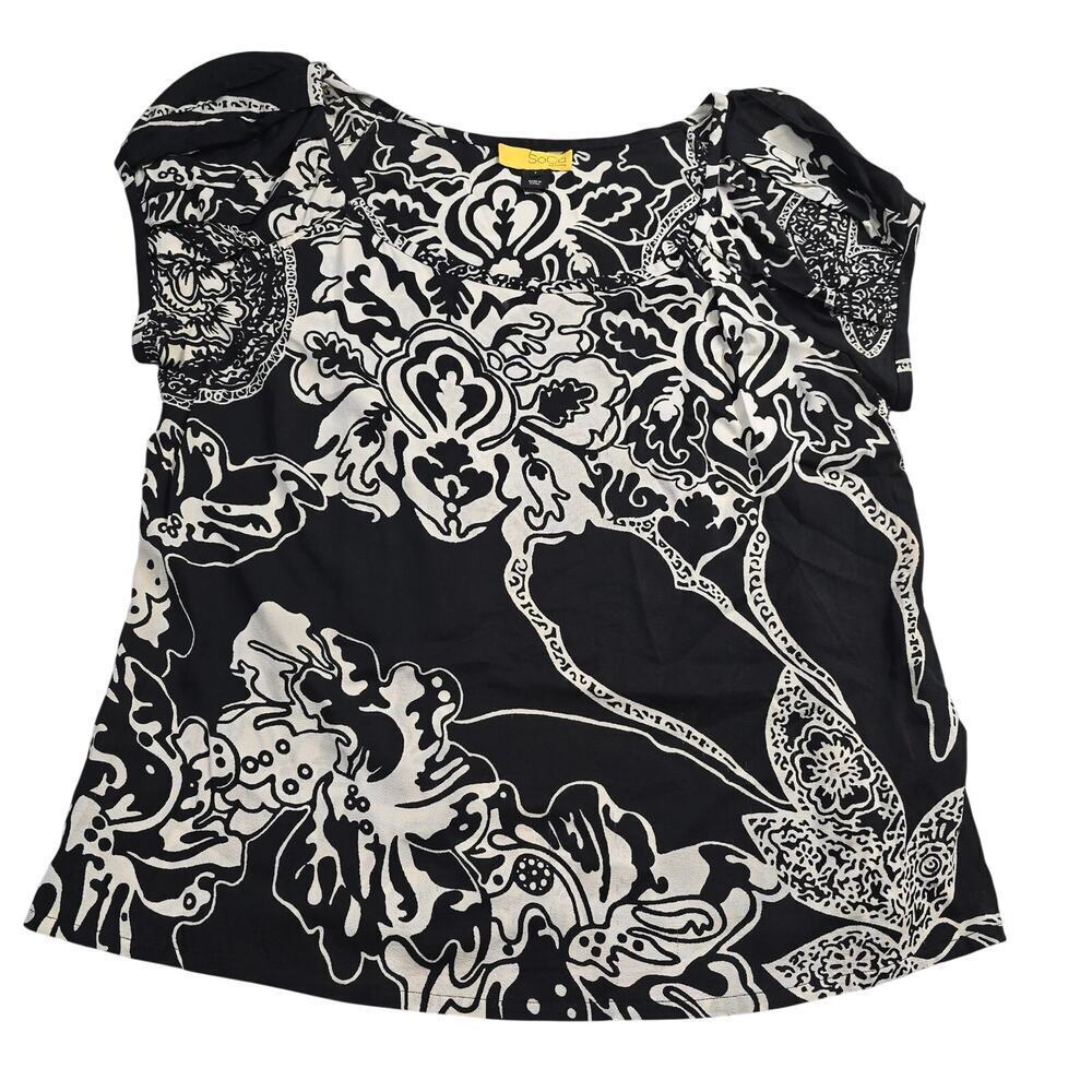 SoCa St. John Silk Floral Abstract Blouse L Black Stretch Designer Career Luxe